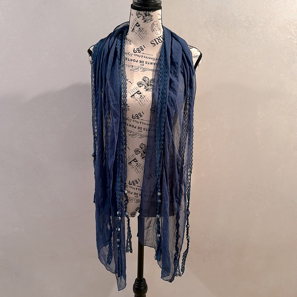 Blue Scarf with ribbons & pearls